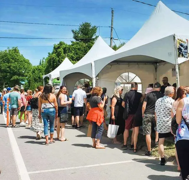 Allée de chapiteaux avec kiosques d'artisans et visiteurs au marché